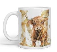 Vixar Highland Cow Alphabet Monogram Coloured Ceramic Cup Mug - Letter M - Rustic Farmhouse Animal Letter Gift - 11oz (White)