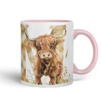 Vixar Highland Cow Alphabet Monogram Coloured Ceramic Cup Mug - Letter M - Rustic Farmhouse Animal Letter Gift - 11oz (Pink)
