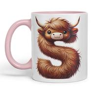 Vixar Highland Cow Alphabet Monogram Coloured Ceramic Cup Mug Letter S Rustic Farmhouse Animal Letter Gift V2 11oz (Pink)