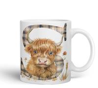 Vixar Highland Cow Alphabet Monogram Coloured Ceramic Cup Mug - Letter S - Rustic Farmhouse Animal Letter Gift - 11oz (White)