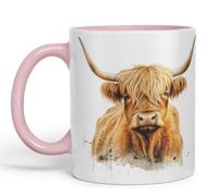 Vixar Highland Cow Scottish Farm Animals Watercolour Art Coloured 330 ml Mug Cup Gift Birthday Work Office Tea Coffee (hc5) (Pink)