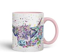 Vixar Highland Cow Scottish Farm Animals Watercolour Art Coloured Mug Cup Gift Birthday Work Office Tea Coffee (Pink)