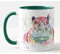 Vixar Hippopotamus Hippo Wild Animals Watercolour Art Coloured Mug Cup Gift Birthday Work Office Christmas Tea Coffee (D Green)