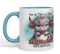 Vixar How Do I Take My Coffee? Seriously! Very Seriously Highland Cow Coloured Ceramic Mug Cup Gift for Coffee Lovers 11oz (Turquoise)