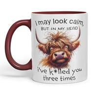 Vixar I May Look Calm, but in My Head I've k*lled You Three Times Highland Cow Joke sarkasm Sarcastic Ceramic Coloured Mug Cup for Tea Coffee Hot Brew 330ml 11Oz Gift (Maroon)