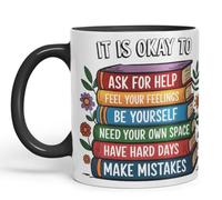 Vixar It is Okay to Ask for Help - Feel Your Feelings - Be Yourself - Need Your Own Space - Have Hard Days - Make Mistakes Coloured Ceramic Mug Cup Gift, 11oz (Black)