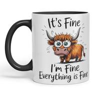 Vixar It's Fine I'm Fine Everything is ..., Highland Cow Scottish Joke Sarcastic Ceramic Coloured Mug Cup 330ml 11Oz (Black)