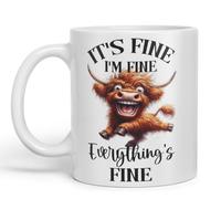 Vixar It's Fine I'm Fine Everything is ..., Highland Cow Scottish Joke Sarcastic Ceramic Coloured Mug Cup 330ml 11Oz FHC2(White)