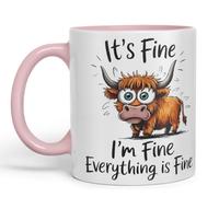 Vixar It's Fine I'm Fine Everything is ..., Highland Cow Scottish Joke Sarcastic Ceramic Coloured Mug Cup 330ml 11Oz (Pink)