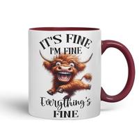 Vixar It's Fine I'm Fine Everything is ..., Highland Cow Scottish Joke Sarcastic Ceramic Coloured Mug Cup 330ml 11Oz FHC2(Maroon)