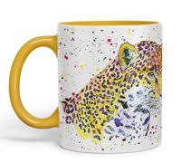 Vixar Jaguar Big Cat Safari Animals Watercolour Ceramic Coloured Mug Cup for Tea Coffee Hot Brew 330ml 11Oz Gift (G Yellow)