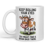 Vixar Keep Rolling Your Eyes You Might Find a Brain Cow Joke Coloured Ceramic Mug Cup Gift, 11oz (White)