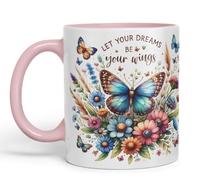 Vixar Let Your Dreams Be Your Wings Butterfly Coloured Mug Cup Floral Inspirational Gift 11oz (Pink)