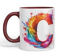 Vixar Letter C Mug, Alphabet Letter C Monogram Watercolour Ceramic Coloured Mug Cup for Tea Coffee Hot Brew 330ml 11Oz Gift (Maroon)