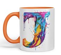 Vixar Letter J Mug, Alphabet Letter J Monogram Watercolour Ceramic Coloured Mug Cup for Tea Coffee Hot Brew 330ml 11Oz Gift (Orange)