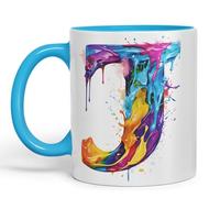 Vixar Letter J Mug, Alphabet Letter J Monogram Watercolour Ceramic Coloured Mug Cup for Tea Coffee Hot Brew 330ml 11Oz Gift (L Blue)