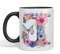 Vixar Letter J Mug, Floral Flowers Butterfly Alphabet Letter J Monogram Watercolour Ceramic Coloured Mug Cup for Tea Coffee Hot Brew 330ml 11Oz Gift (Black)