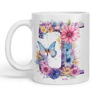 Vixar Letter J Mug, Floral Flowers Butterfly Alphabet Letter J Monogram Watercolour Ceramic Coloured Mug Cup for Tea Coffee Hot Brew 330ml 11Oz Gift (White)