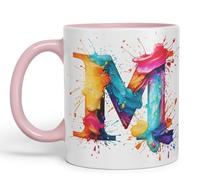 Vixar Letter M Mug, Alphabet Letter M Monogram Watercolour Ceramic Coloured Mug Cup for Tea Coffee Hot Brew 330ml 11Oz Gift (Pink)