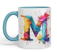 Vixar Letter M Mug, Alphabet Letter M Monogram Watercolour Ceramic Coloured Mug Cup for Tea Coffee Hot Brew 330ml 11Oz Gift (Turquoise)