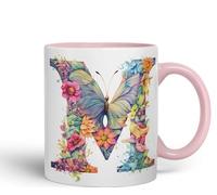 Vixar Letter M Mug, Floral Flowers Butterfly Alphabet Letter M Monogram Watercolour Ceramic Coloured Mug Cup for Tea Coffee Hot Brew 330ml 11Oz Gift (Pink)