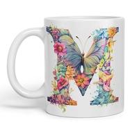 Vixar Letter M Mug, Floral Flowers Butterfly Alphabet Letter M Monogram Watercolour Ceramic Coloured Mug Cup for Tea Coffee Hot Brew 330ml 11Oz Gift (White)