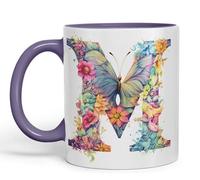 Vixar Letter M Mug, Floral Flowers Butterfly Alphabet Letter M Monogram Watercolour Ceramic Coloured Mug Cup for Tea Coffee Hot Brew 330ml 11Oz Gift (Purple)