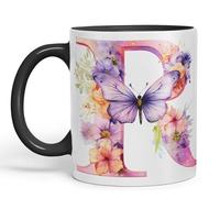 Vixar Letter R Mug, Floral Flowers Butterfly Alphabet Letter R Monogram Watercolour Ceramic Coloured Mug Cup for Tea Coffee Hot Brew 330ml 11Oz Gift (Black)