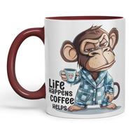 Vixar Life Happens Coffee Helps Monkey Mug - Coloured Ceramic Mug Cup Gift, 11oz (Maroon)