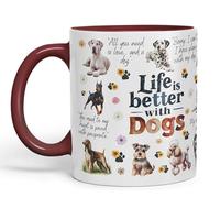 Vixar Life is Better with Dogs Joke Pets Ceramic Coloured Mug Cup for Tea Coffee Hot Brew 330ml 11Oz Gift (Maroon)