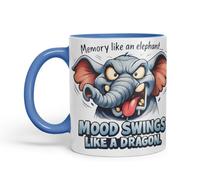 Vixar Memory Like an Elephant Mood Swings Like A Dragon Funny Elephant Mug - Coloured Ceramic Mug Cup Gift, 11oz (C Blue)