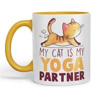 Vixar My cat is My Yoga Partner, cat Sarcastic Joke Ceramic Coloured Mug Cup for Tea Coffee Hot Brew 330ml 11Oz (G Yellow)