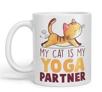 Vixar My cat is My Yoga Partner, cat Sarcastic Joke Ceramic Coloured Mug Cup for Tea Coffee Hot Brew 330ml 11Oz (White)