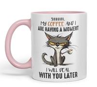 Vixar My Coffee and I are Having a Moment, I Will Deal with You Later cat Sarcastic Joke Ceramic Coloured Mug Cup for Tea Coffee Hot Brew 330ml 11Oz (Pink)