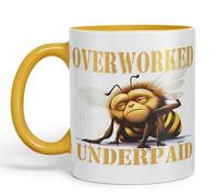 Vixar Overworked Underpaid bee Work Joke sarkasm Sarcastic Ceramic Coloured Mug Cup for Tea Coffee Hot Brew 330ml 11Oz Gift (G Yellow)