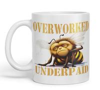 Vixar Overworked Underpaid bee Work Joke sarkasm Sarcastic Ceramic Coloured Mug Cup for Tea Coffee Hot Brew 330ml 11Oz Gift (White)