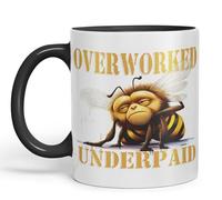 Vixar Overworked Underpaid bee Work Joke sarkasm Sarcastic Ceramic Coloured Mug Cup for Tea Coffee Hot Brew 330ml 11Oz Gift (Black)