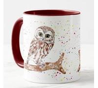 Vixar Owl British Wildlife Hand Painted Design Watercolour Art Coloured Mug Cup Gift Birthday Work Office Christmas Tea Coffee (Maroon)