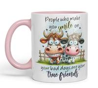 Vixar People Who Make You Smile On Your Bad Days are Your True Friends Funny Highland Cow Coloured Mug Cup 11oz (Pink)