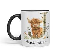 Vixar Personalised Highland Cow Initial Letter J Custom Name Mug - Coloured Ceramic Mug Cup Gift, 11oz (Black)