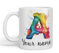 Vixar Personalised Letter A Mug, Alphabet cusomized Custom Your Letter A Monogram Watercolour Ceramic Coloured Mug Cup for Tea Coffee Hot Brew 330ml 11Oz Gift (White)