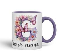 Vixar Personalised Letter G Mug, Customized Custom Floral Flowers Butterfly Alphabet Letter G Monogram Watercolour Ceramic Coloured Mug Cup for Tea Coffee Hot Brew 330ml 11Oz Gift (Purple)