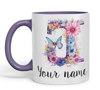 Vixar Personalised Letter J Mug, Customized Custom Floral Flowers Butterfly Alphabet Letter J Monogram Watercolour Ceramic Coloured Mug Cup for Tea Coffee Hot Brew 330ml 11Oz Gift (Purple)