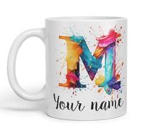 Vixar Personalised Letter M Mug, Alphabet cusomized Custom Letter M Monogram Watercolour Ceramic Coloured Mug Cup for Tea Coffee Hot Brew 330ml 11Oz Gift (White)