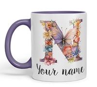 Vixar Personalised Letter N Mug, Customized Custom Floral Flowers Butterfly Alphabet Letter N Monogram Watercolour Ceramic Coloured Mug Cup for Tea Coffee Hot Brew 330ml 11Oz Gift (Purple)