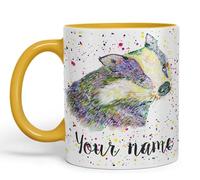 Vixar Personalised Mug with Your Text Name Badger Animals Watercolour Art Coloured Ceramic Mug Cup Gift 330ml 11oz Custom Work Office Tea Coffee (G Yellow)
