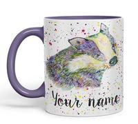 Vixar Personalised Mug with Your Text Name Badger Animals Watercolour Art Coloured Ceramic Mug Cup Gift 330ml 11oz Custom Work Office Tea Coffee (Purple)