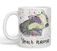 Vixar Personalised Mug with Your Text Name Badger Animals Watercolour Art Coloured Ceramic Mug Cup Gift 330ml 11oz Custom Work Office Tea Coffee (White)