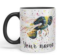 Vixar Personalised Mug with Your Text Name Bees bee Honeycomb Animals Watercolour Art Coloured Ceramic Mug Cup Gift 330ml 11oz Custom Work Office Tea Coffee (Black)