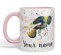 Vixar Personalised Mug with Your Text Name Bees bee Honeycomb Animals Watercolour Art Coloured Ceramic Mug Cup Gift 330ml 11oz Custom Work Office Tea Coffee (Pink)